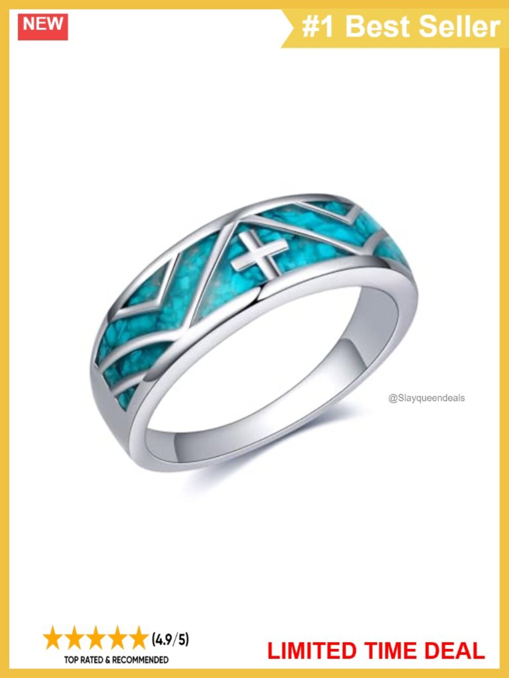S925 Sterling Silver Turquoise Cross Band Ring Size 8 Gift for Women